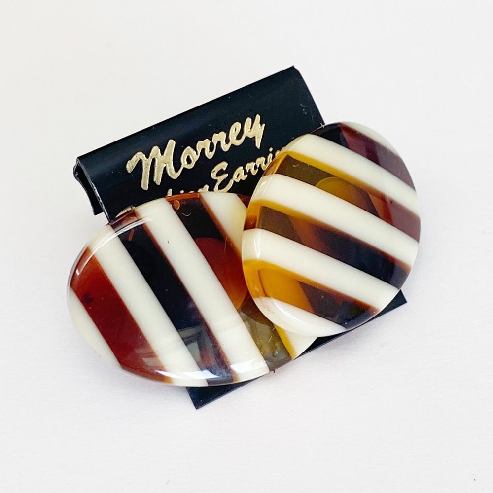 Vintage plastic stud earrings brown and cream striped oval